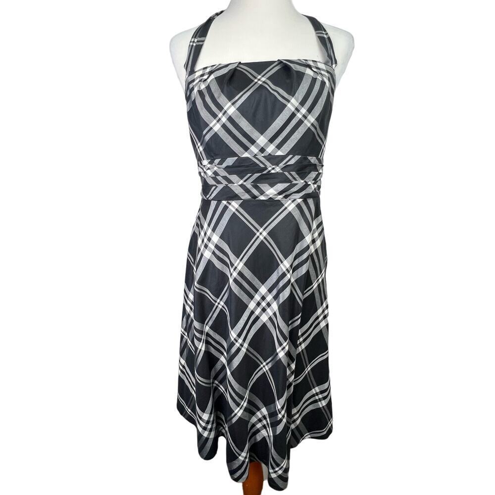 NEW J. Crew SILK BLEND Black/White Plaid Flowy RETRO Rockabilly Halter Dress 12